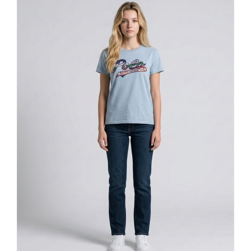 Ralph Lauren Polo Graphic Light Pastel Blue Multi-color Logo Short Sleeve Tee